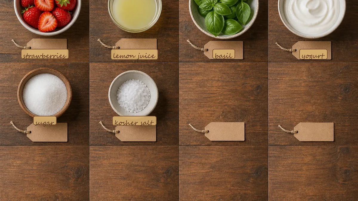 All ingredients for Strawberry Basil Lemonade Pops, labeled