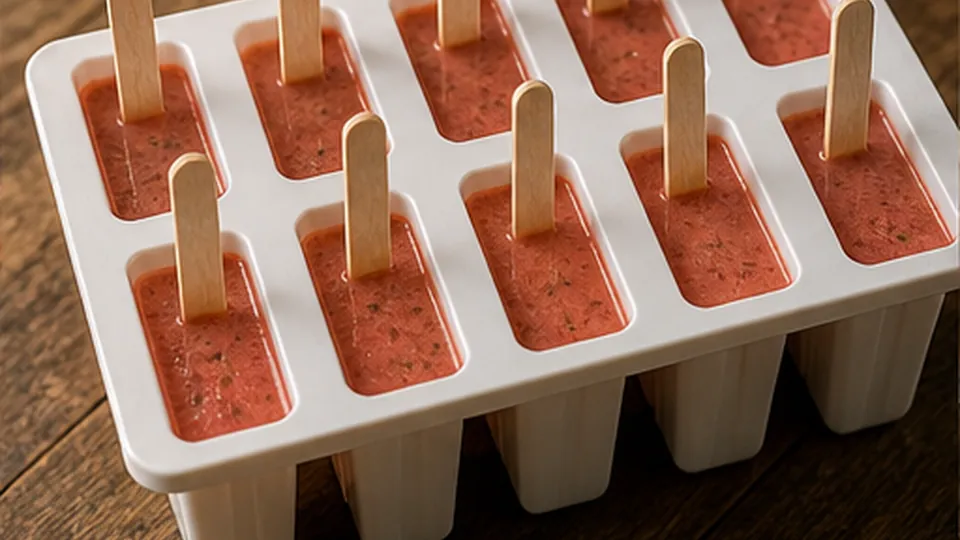 Fill and tap the molds for Strawberry Basil Lemonade Pops