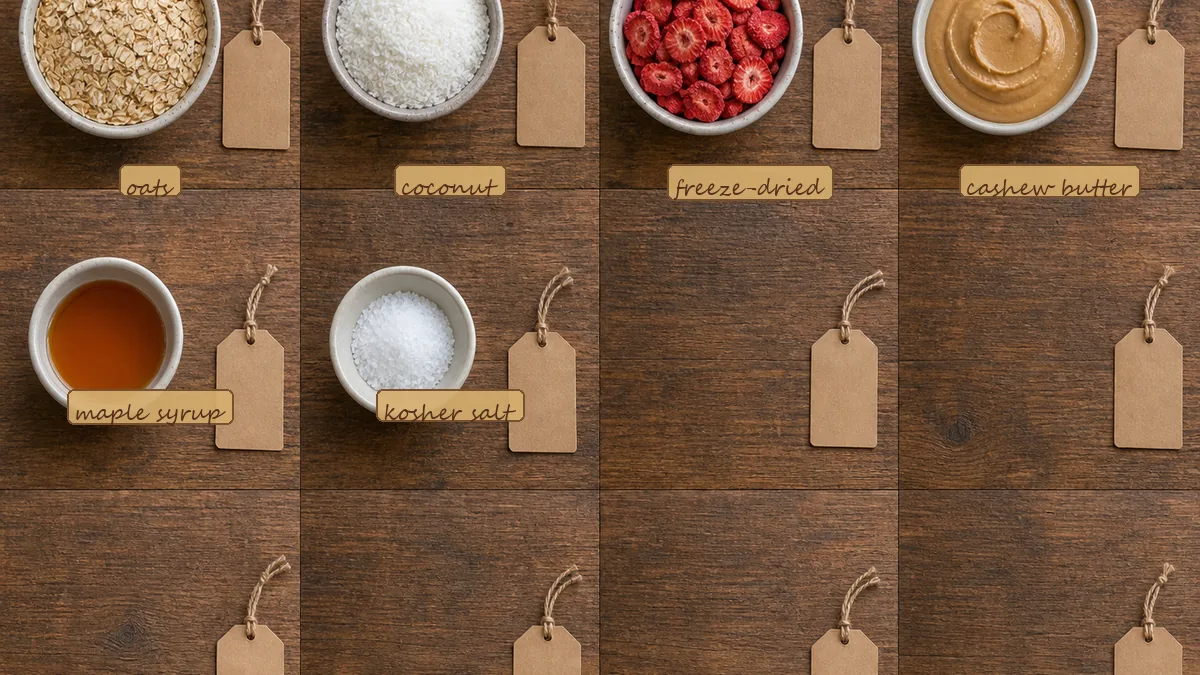 All ingredients for Strawberry Coconut Oat Balls, labeled