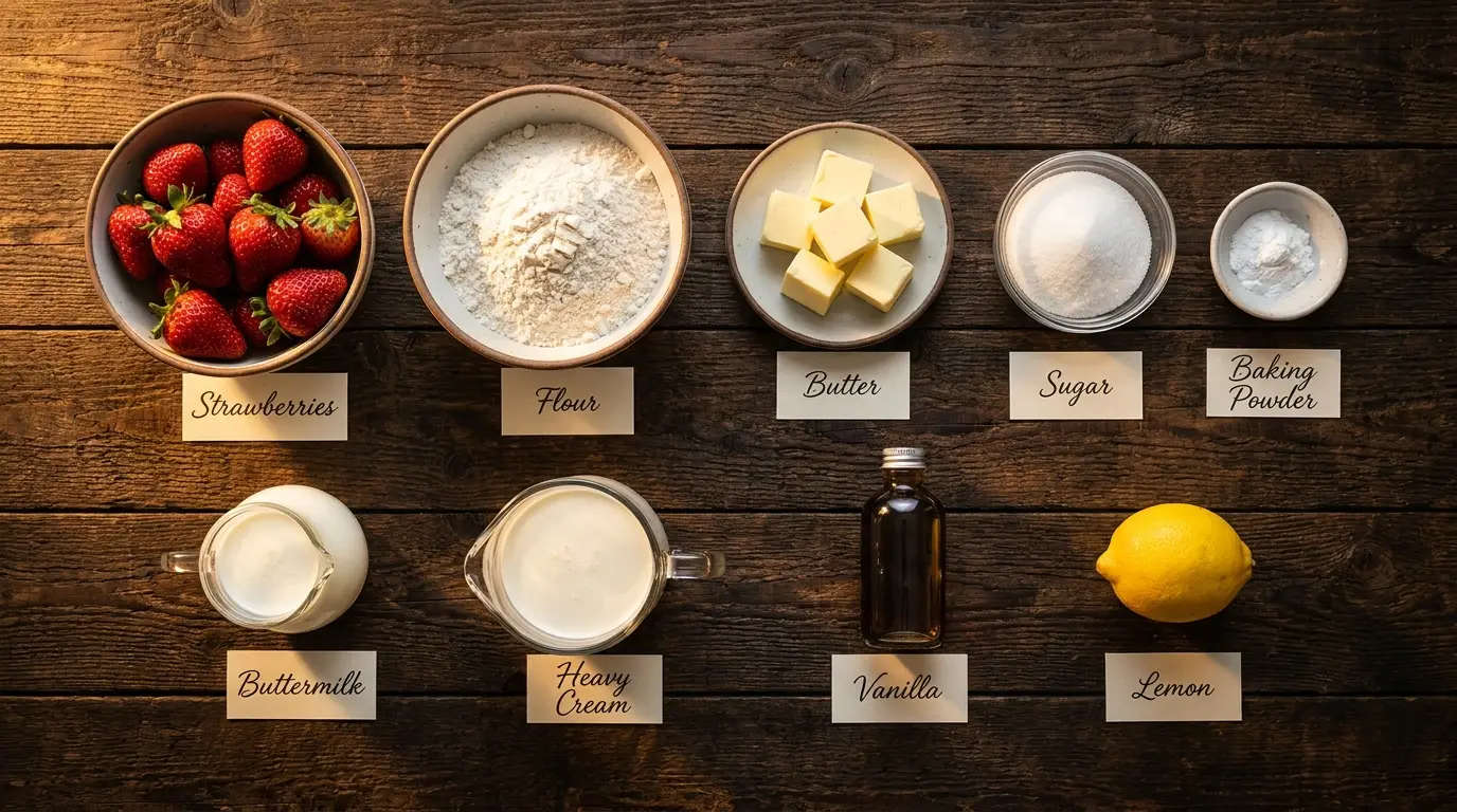 All ingredients for Strawberry Shortcake Biscuits, labeled