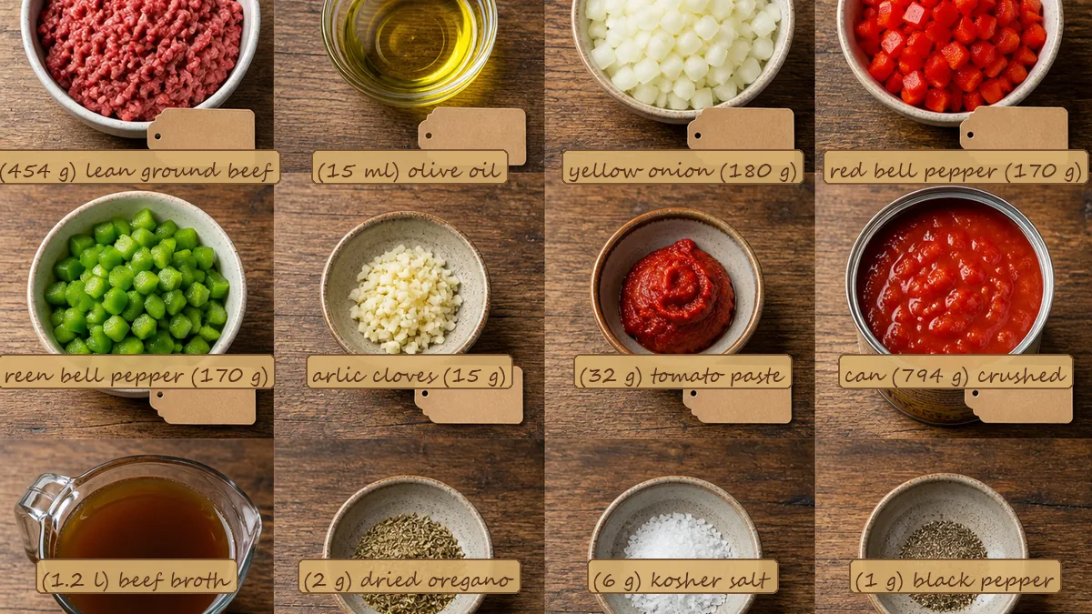 All ingredients for Stuffed Pepper Soup with Beef and Rice, labeled