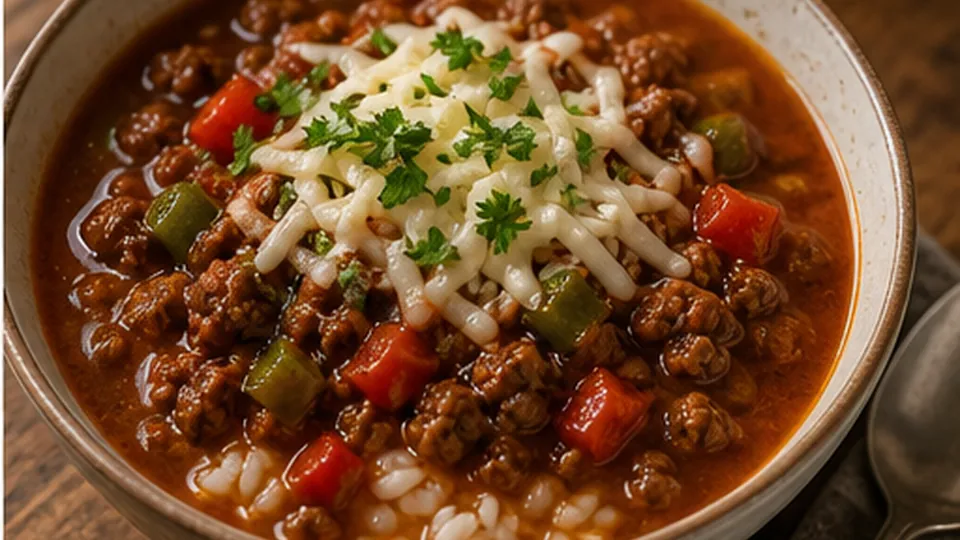 Ladle over rice and finish for Stuffed Pepper Soup with Beef and Rice