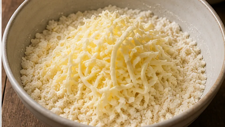 Toss in the grated butter for Sweet Corn Cheddar Breakfast Scones