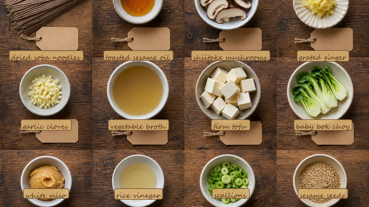 All ingredients for Tofu Miso Noodle Soup, labeled