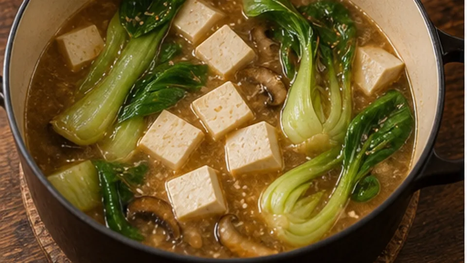 Warm tofu and bok choy for Tofu Miso Noodle Soup