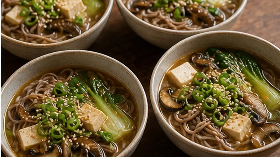 Ladle and garnish the bowls for Tofu Miso Noodle Soup