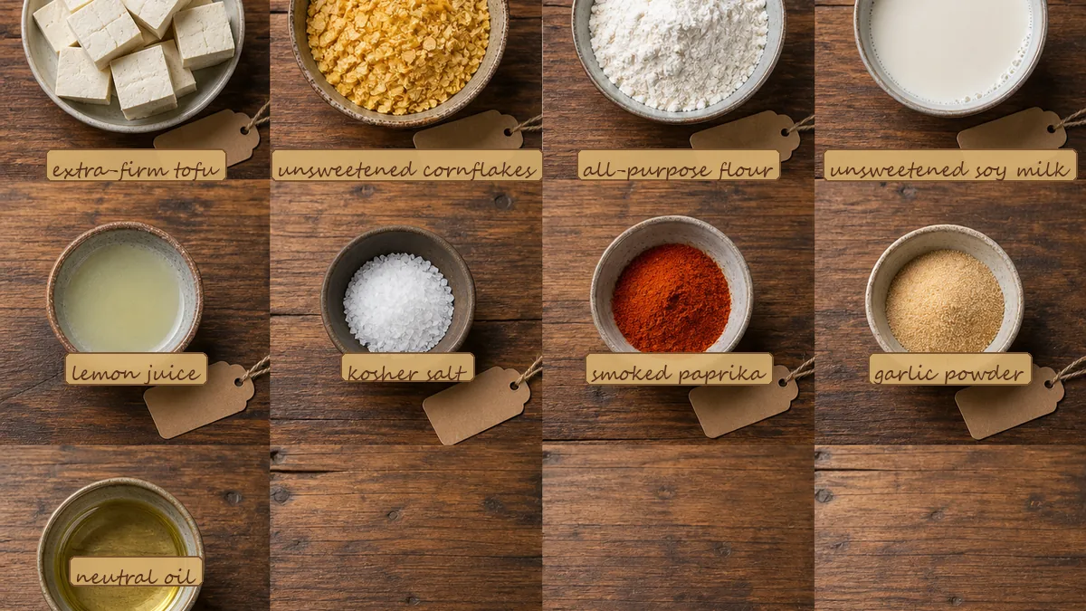 All ingredients for Cornflake-Crusted Tofu Nuggets, labeled