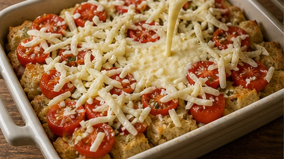 Layer bread, tomatoes, cheese for Tomato Basil Cottage Cheese Toast Bake