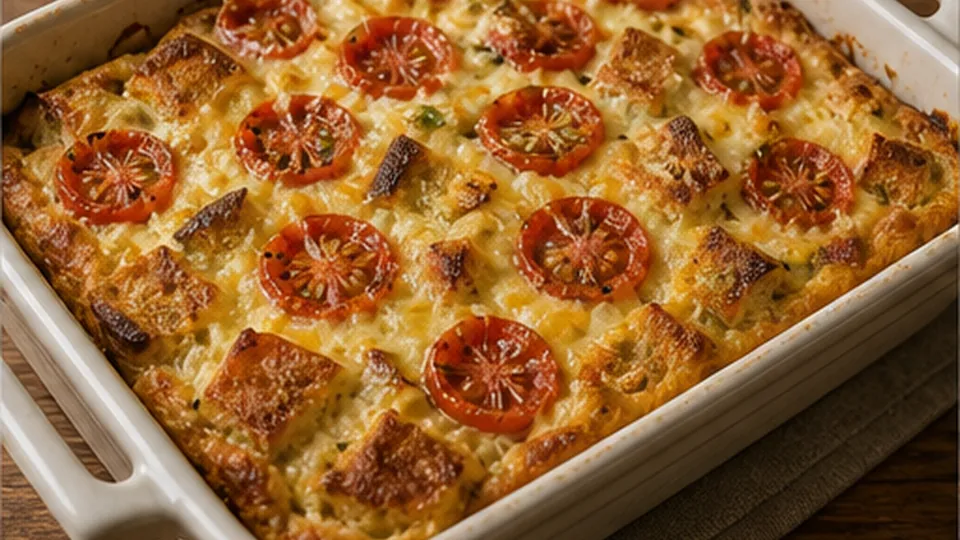 Bake until the custard sets for Tomato Basil Cottage Cheese Toast Bake