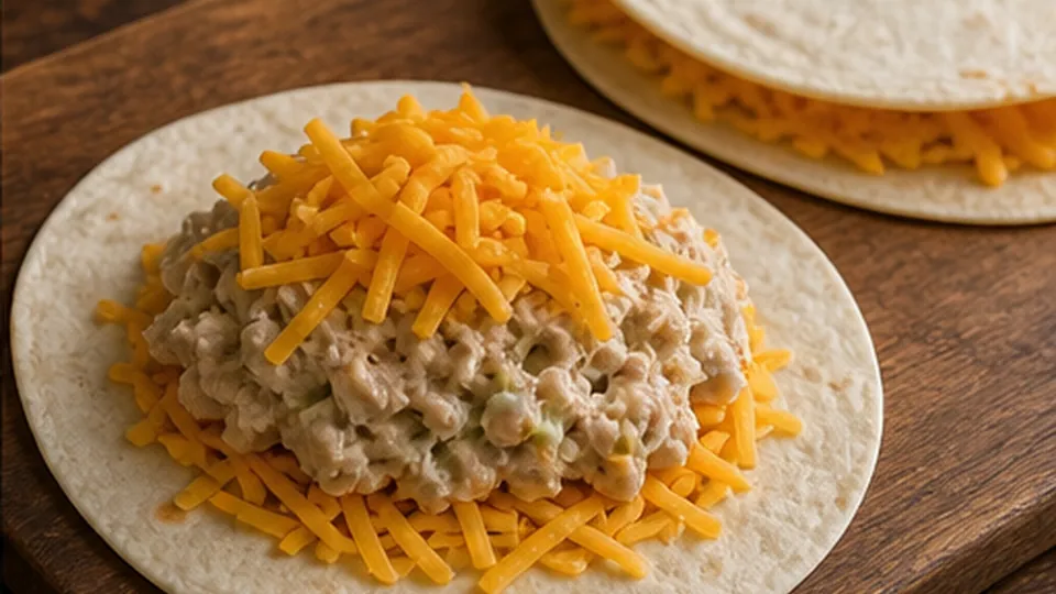 Build and fold quesadillas for Tuna Melt Quesadillas