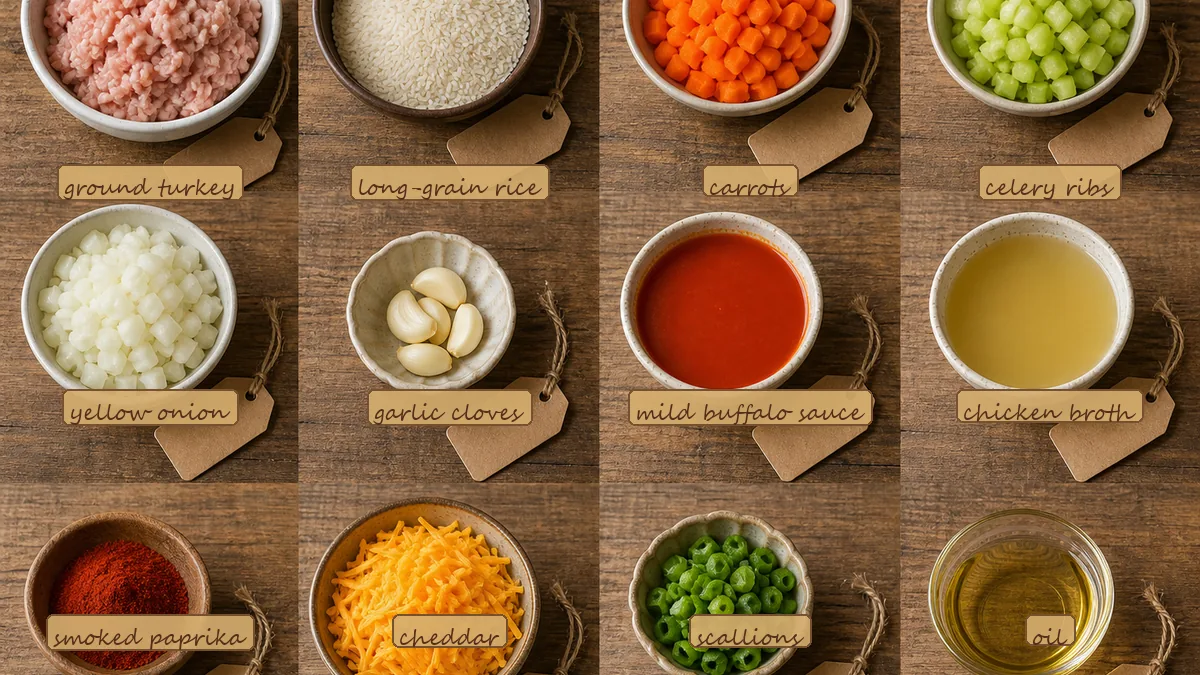 All ingredients for Turkey Buffalo Rice Bake, labeled