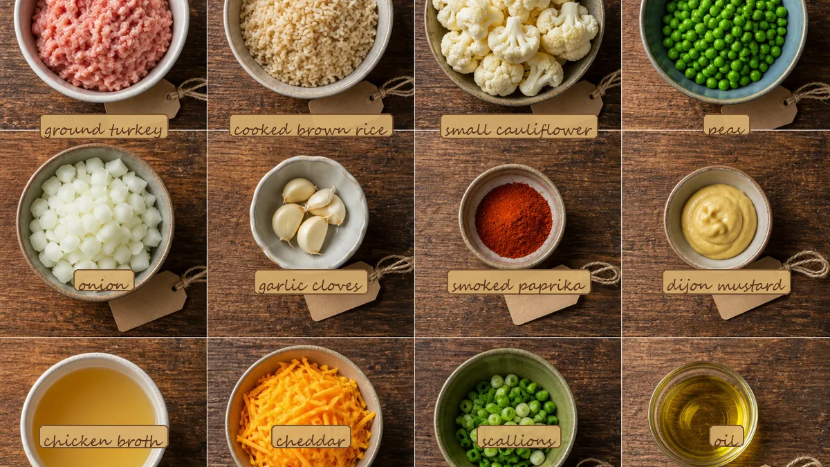 All ingredients for Turkey Cheddar Cauliflower Bake, labeled