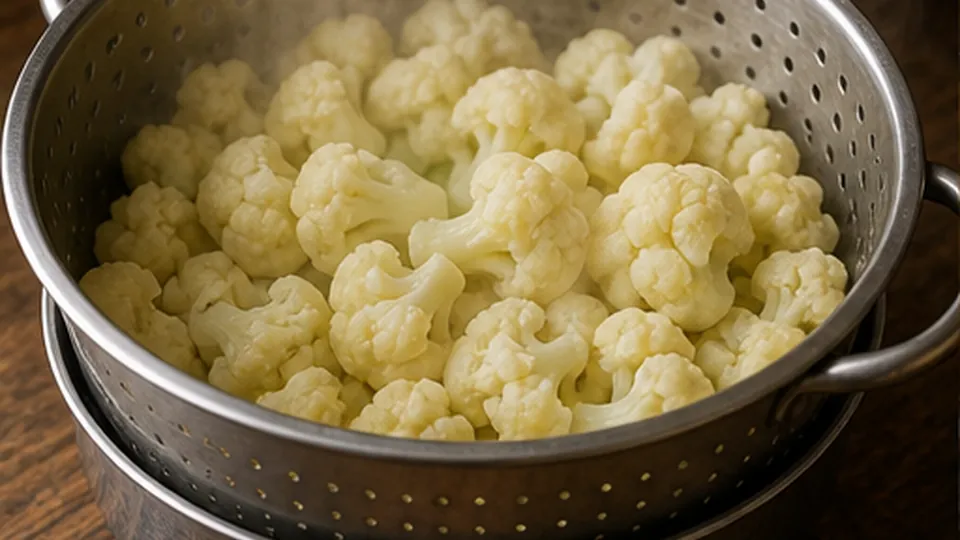 Steam and drain cauliflower for Turkey Cheddar Cauliflower Bake