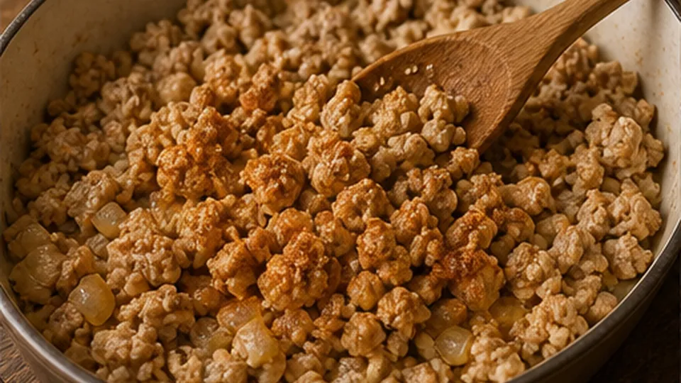 Brown the ground turkey for Turkey Cheddar Cauliflower Bake