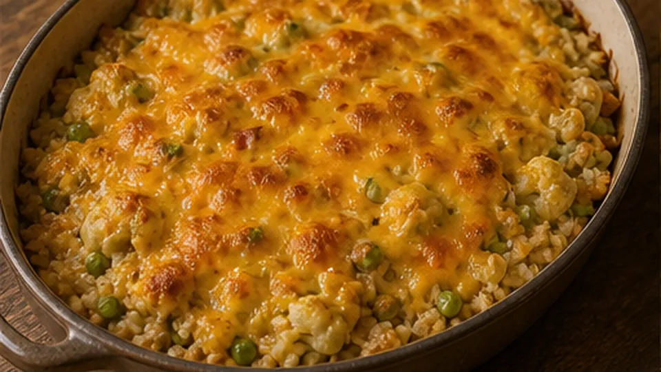 Top with cheddar and brown for Turkey Cheddar Cauliflower Bake