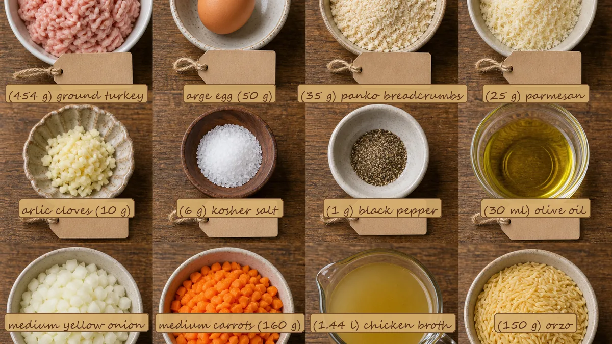 All ingredients for Turkey Meatball Orzo Soup with Spinach, labeled