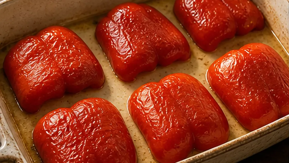 Soften the halved peppers for Turkey Pesto Stuffed Peppers