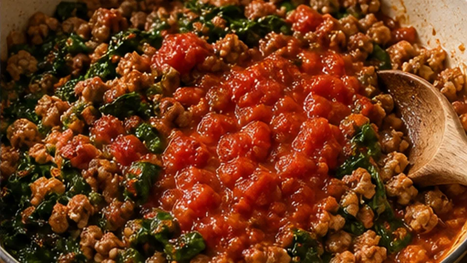 Wilt spinach into tomatoes for Turkey Pesto Stuffed Peppers