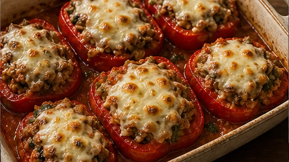 Fill peppers and top cheese for Turkey Pesto Stuffed Peppers