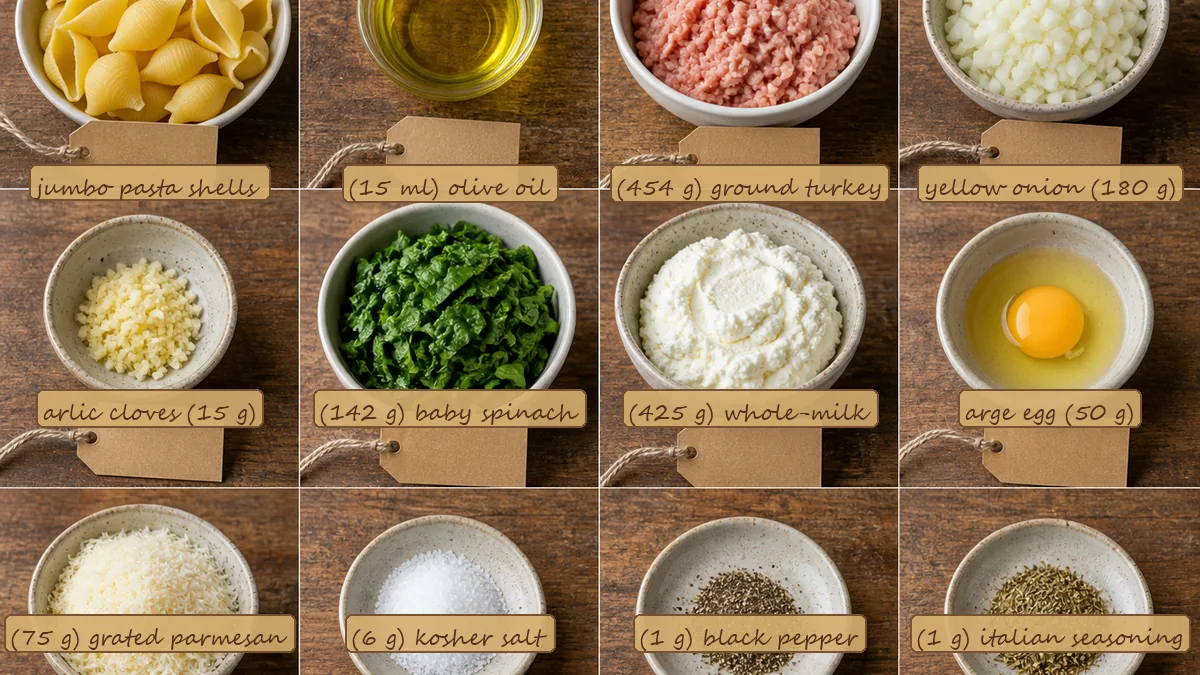All ingredients for Turkey Spinach Stuffed Shells, labeled