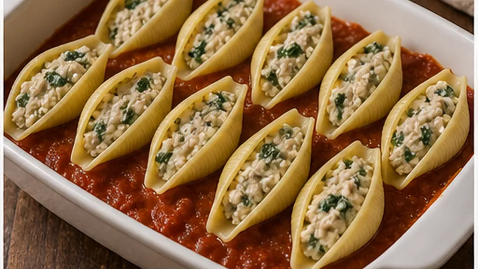 Fill, sauce, and top for Turkey Spinach Stuffed Shells