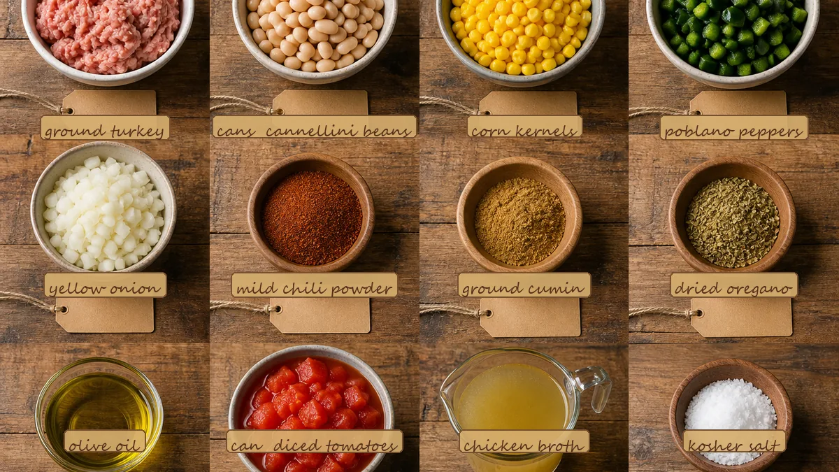 All ingredients for Turkey Sweet Corn Chili, labeled