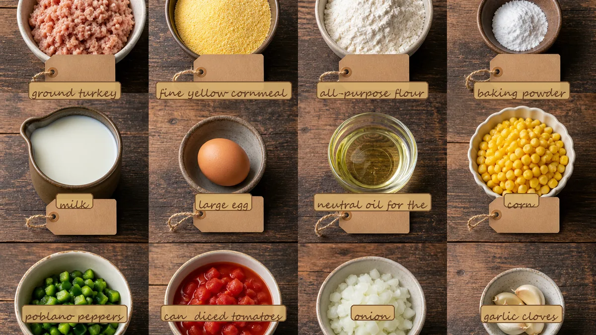 All ingredients for Turkey Tamale Pie, labeled