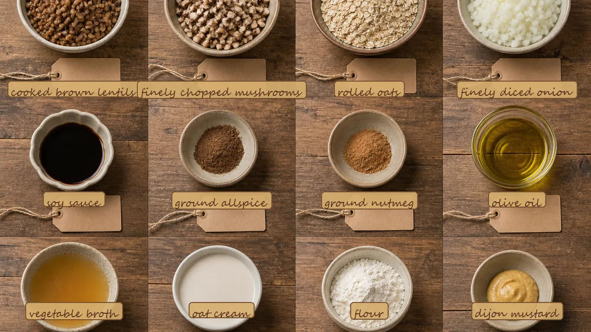 All ingredients for Vegan Lentil Swedish Meatballs, labeled