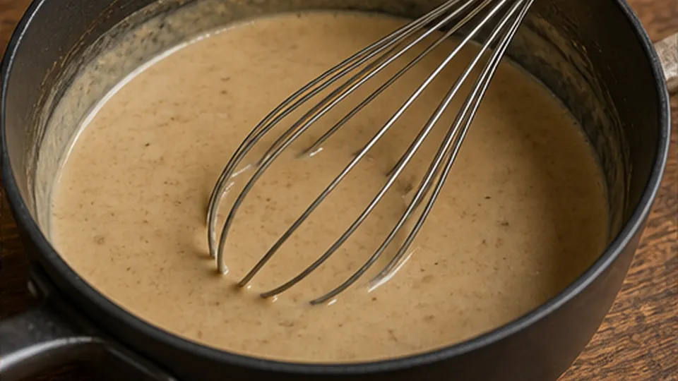 Whisk a lump-free gravy for Vegan Lentil Swedish Meatballs