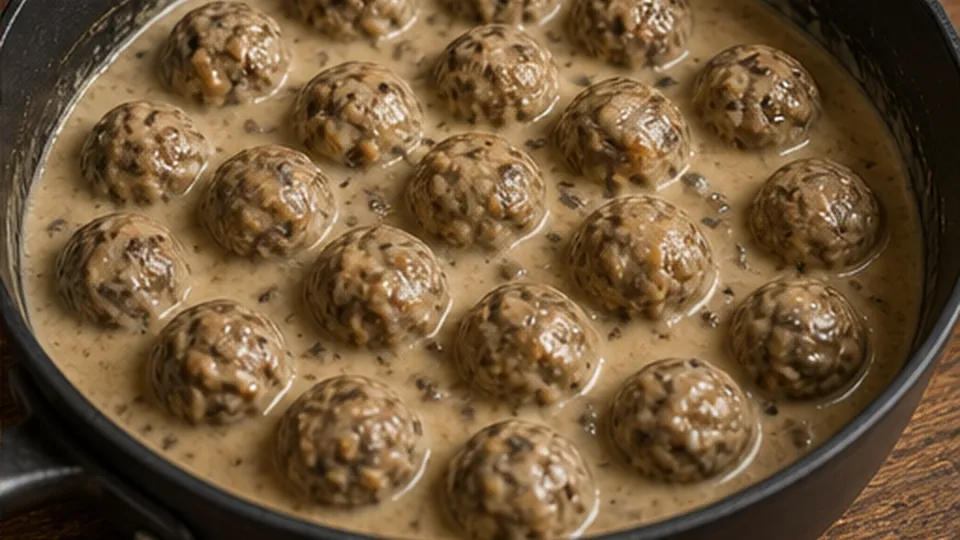 Warm the balls in gravy for Vegan Lentil Swedish Meatballs