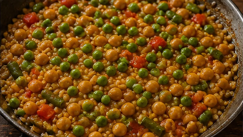 Simmer without stirring for Vegetable Paella with Chickpeas