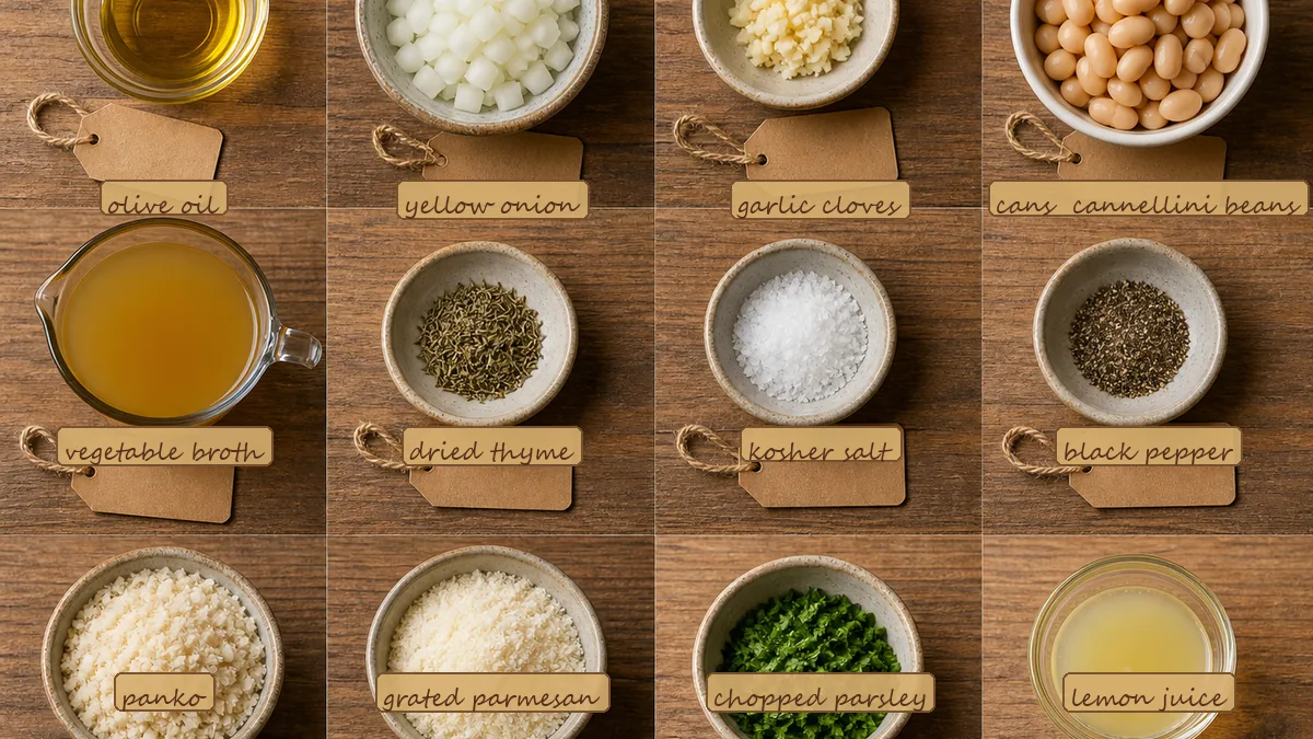 All ingredients for White Bean Breadcrumb Gratin, labeled