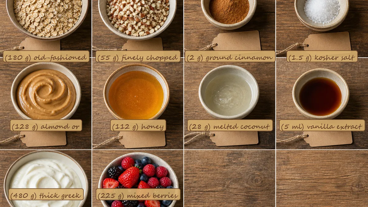 All ingredients for Yogurt Granola Breakfast Cups, labeled