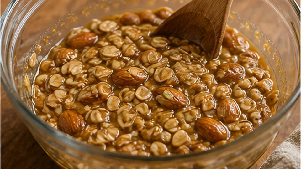 Warm the sticky nut binder for Yogurt Granola Breakfast Cups